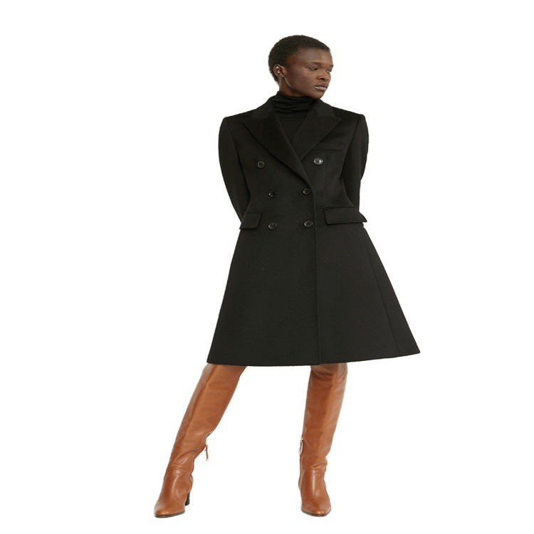 Women Mid-length Tailored Wool Blend Coat with Slim Shoulder Line and Flap Pockets Mune Fashion