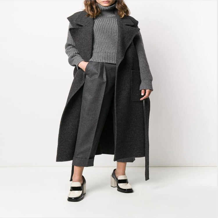 Women Maxi Long Sleeveless Wool Blend Coat with Wide Shawl Collar and Tie Belt Mune Fashion