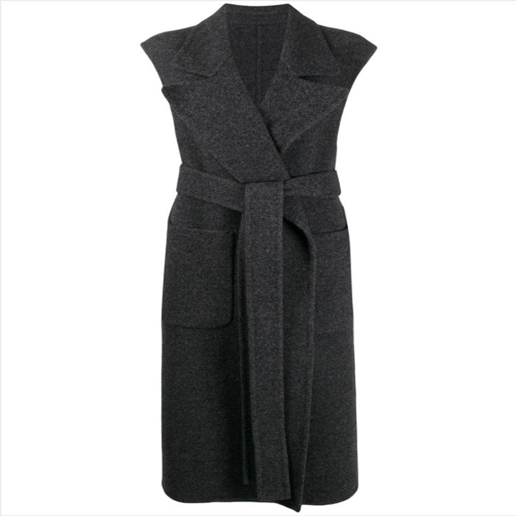 Women Maxi Long Sleeveless Wool Blend Coat with Wide Shawl Collar and Tie Belt Mune Fashion