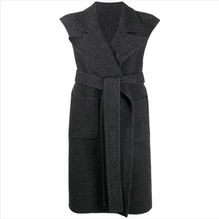 Women Maxi Long Sleeveless Wool Blend Coat with Wide Shawl Collar and Tie Belt Mune Fashion