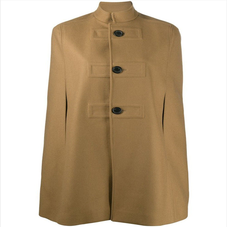Women's Wool Blend Cape with Stand Collar, Concealed Arm Openings and Minimalist Tailoring Mune Fashion