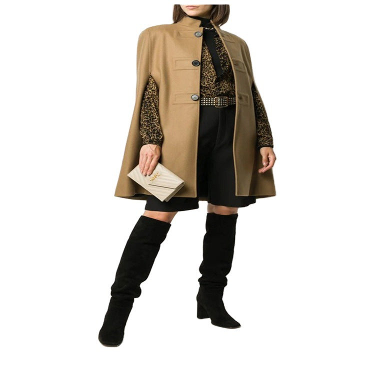 Women's Wool Blend Cape with Stand Collar, Concealed Arm Openings and Minimalist Tailoring Mune Fashion