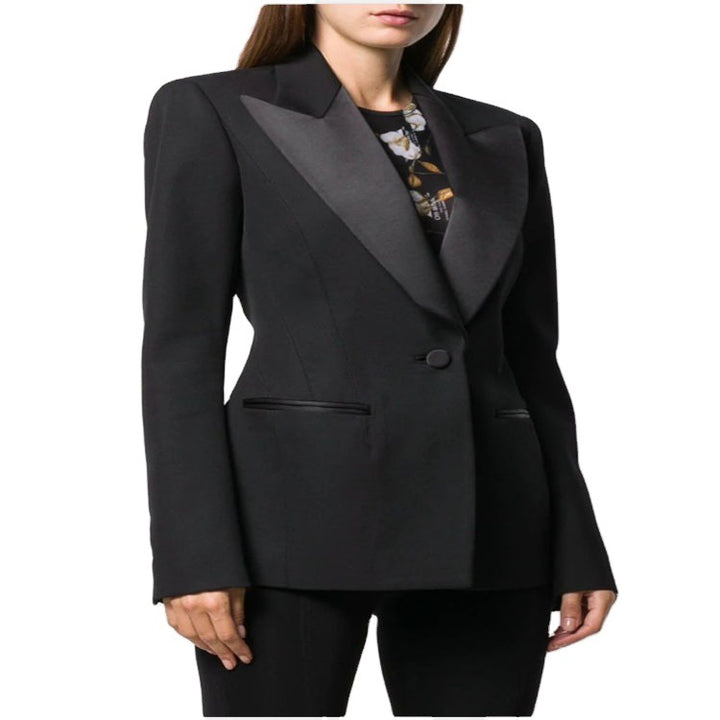 Women Tailored Tuxedo Blazer Jacket with Satin Shawl Collar and Precise Tailoring Mune Fashion