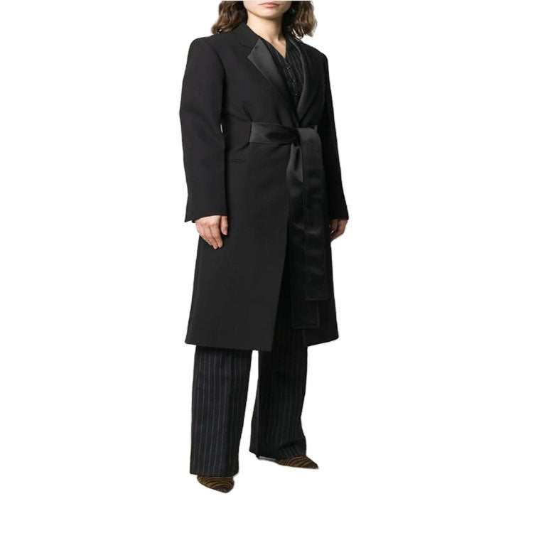 Women's Maxi Length Coat with Shawl Collar, Satin Trim and Tie Belt Mune Fashion