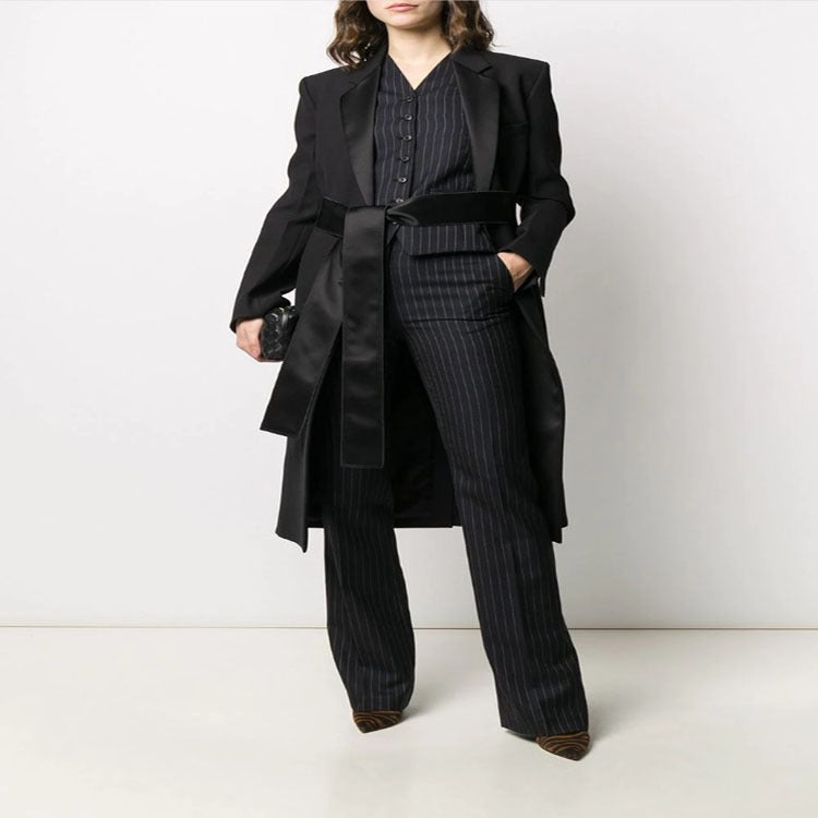 Women's Maxi Length Coat with Shawl Collar, Satin Trim and Tie Belt Mune Fashion