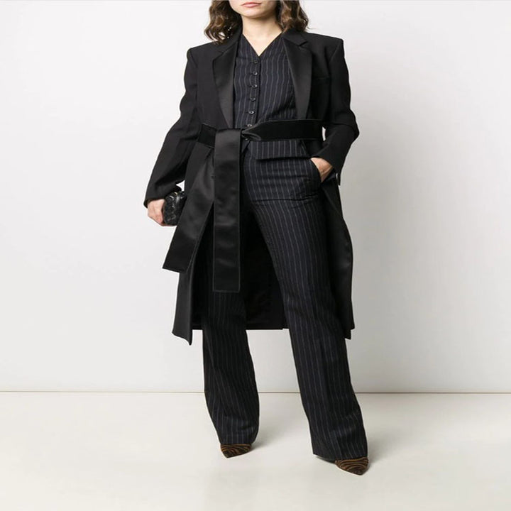 Women's Maxi Length Coat with Shawl Collar, Satin Trim and Tie Belt Mune Fashion