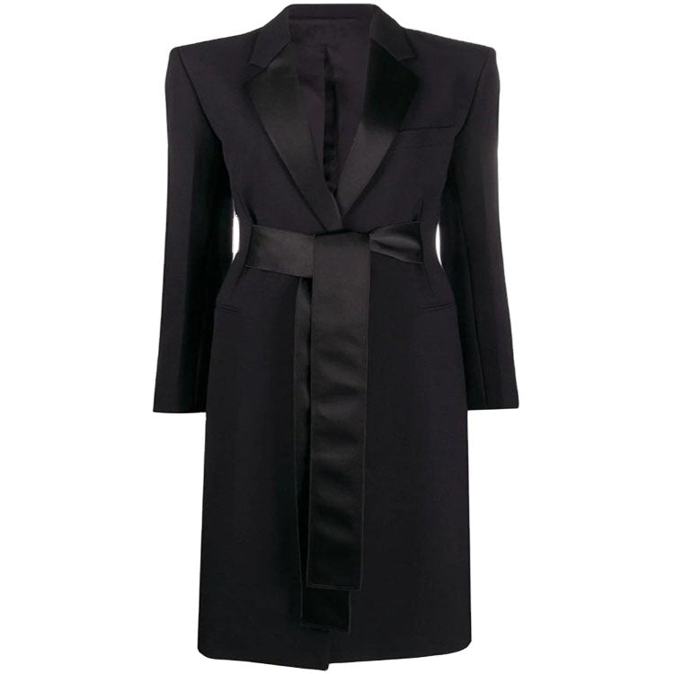 Women's Maxi Length Coat with Shawl Collar, Satin Trim and Tie Belt Mune Fashion