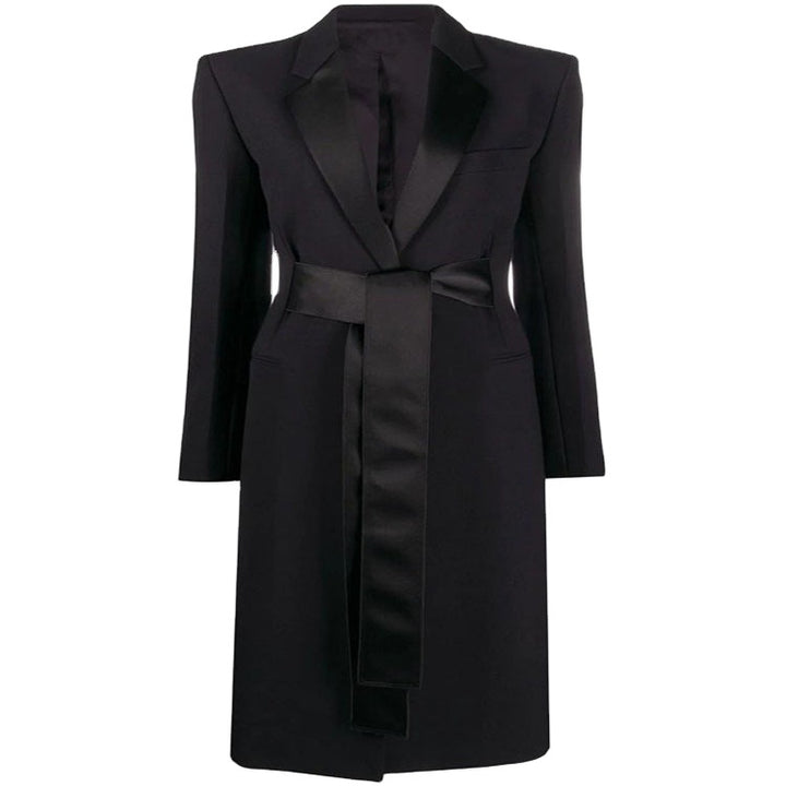Women's Maxi Length Coat with Shawl Collar, Satin Trim and Tie Belt Mune Fashion