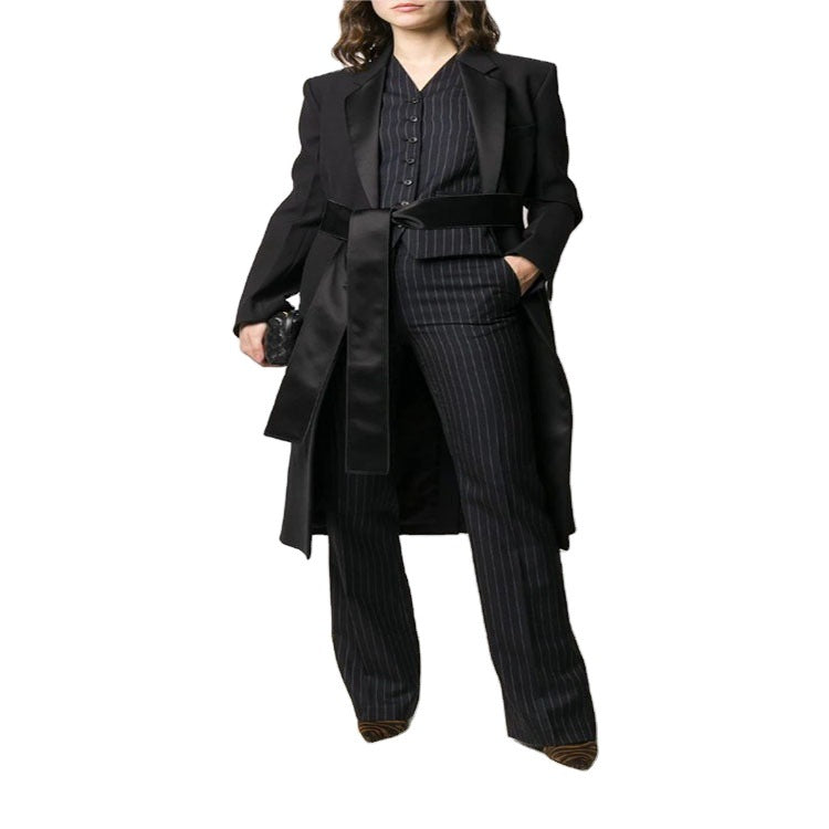 Women's Maxi Length Coat with Shawl Collar, Satin Trim and Tie Belt Mune Fashion