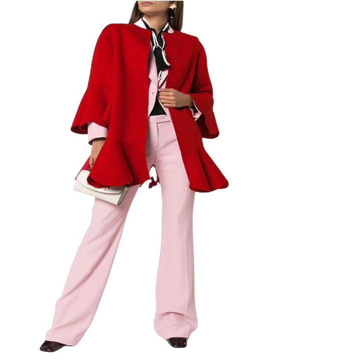 Women's Ruffled Cape Coat made of Wool Blend with Bell Sleeves Mune Fashion