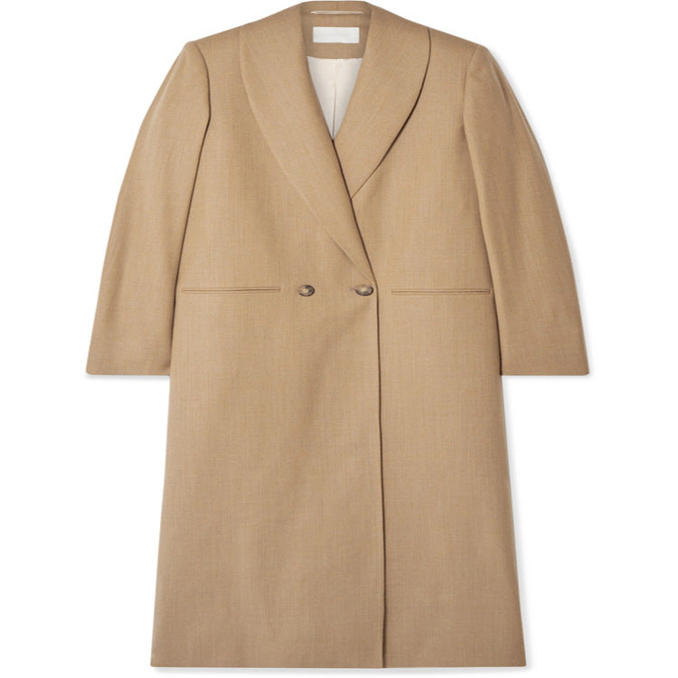Women's Maxi-length Minimalist Single-breasted Wool Blend Long Coat with Open Shawl Collar Mune Fashion