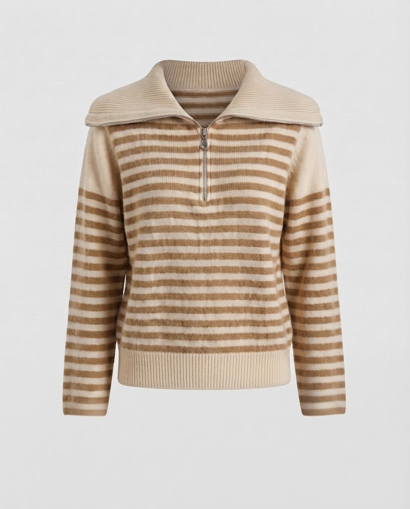 Women's Striped Short Sweater in Fluffy Mohair Look with Half Zipper and Overlapping Collar Mune Fashion