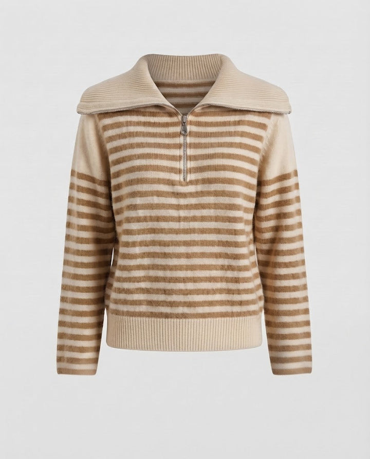 Women's Striped Short Sweater in Fluffy Mohair Look with Half Zipper and Overlapping Collar Mune Fashion