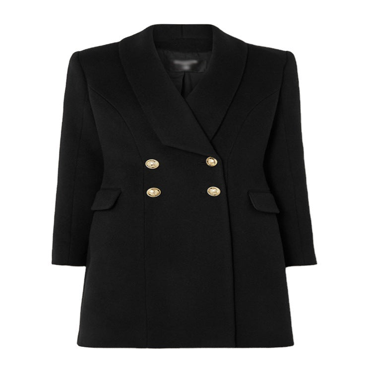 Women's mid-length tailored wool coat in corset tailoring with shawl collar and gold-embellished decorative buttons Mune Fashion