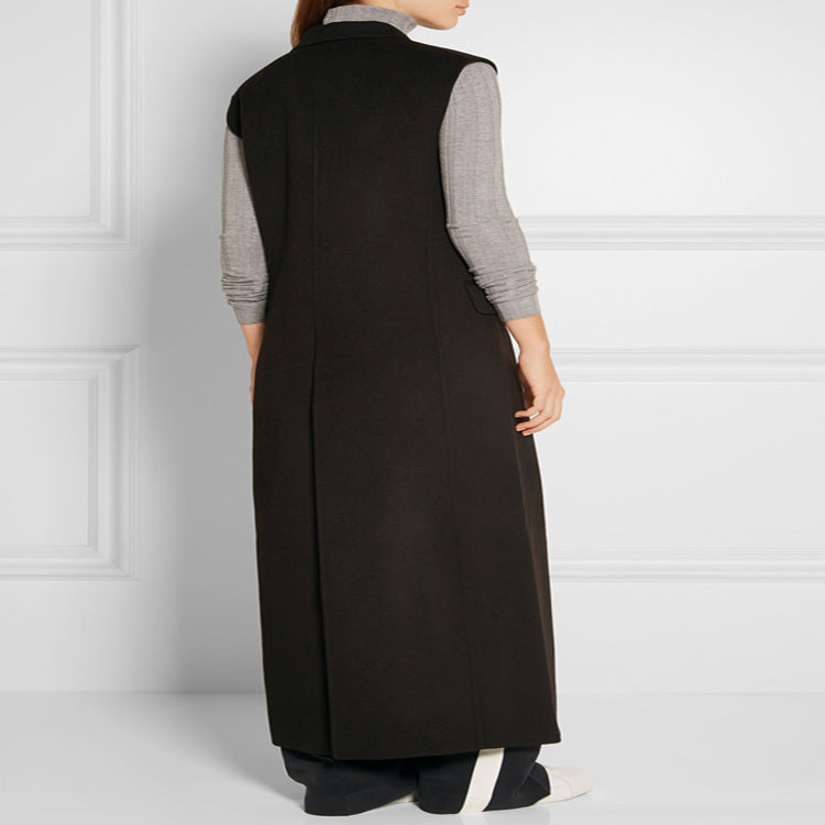Women's Maxi-Length Sleeveless Tailoring Vest in Wool Blend with Flap Pockets Mune Fashion
