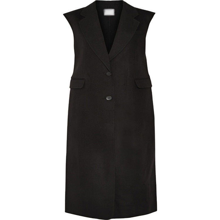 Women's Maxi-Length Sleeveless Tailoring Vest in Wool Blend with Flap Pockets Mune Fashion
