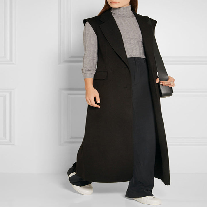 Women's Maxi-Length Sleeveless Tailoring Vest in Wool Blend with Flap Pockets Mune Fashion