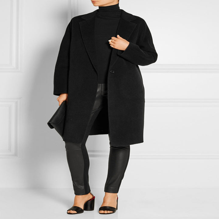 Women's Simple Oversized Long Coat made of Wool-Cashmere Mix with Subtle Lapel and Single-Button Front Mune Fashion
