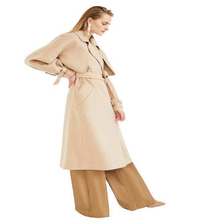 Women's Wool Coat with Cape Shoulder and Waist Belt Mune Fashion