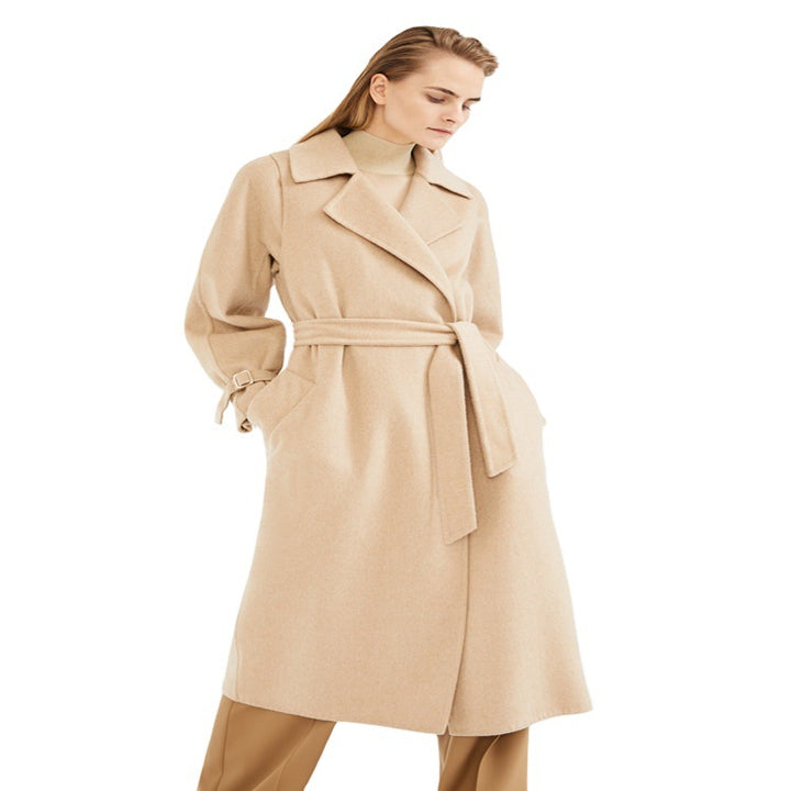 Women's Wool Coat with Cape Shoulder and Waist Belt Mune Fashion