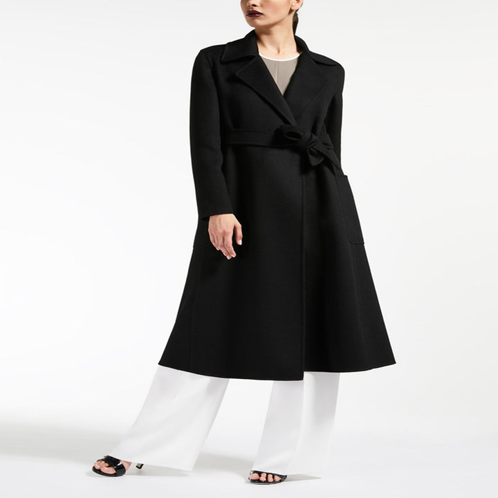 Women's Tailored Wrap Coat made of Wool-Cashmere Blend with A-Line, Belt and Patch Pockets Mune Fashion