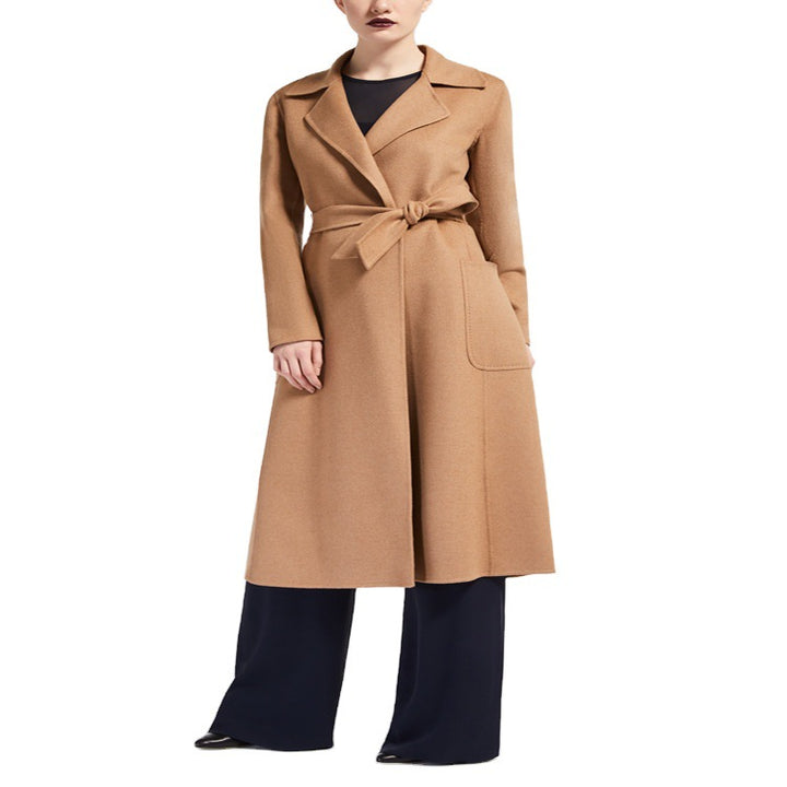 Women's Tailored Wrap Coat made of Wool-Cashmere Blend with A-Line, Belt and Patch Pockets Mune Fashion