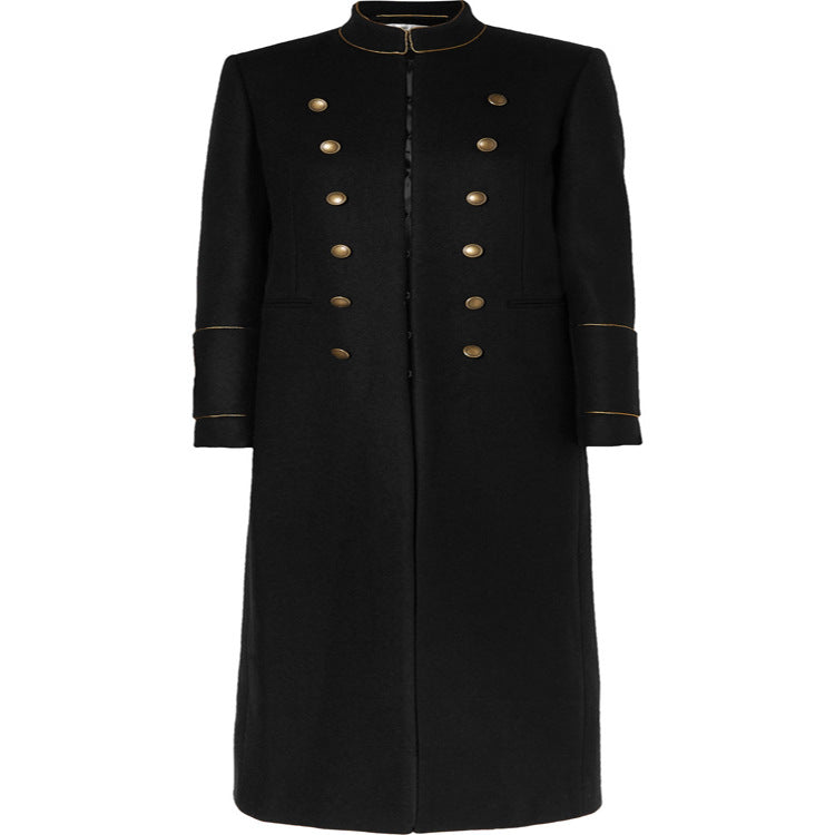 Women’s Longer Military Wool Coat with Gold Decorative Buttons and Stand Collar Mune Fashion