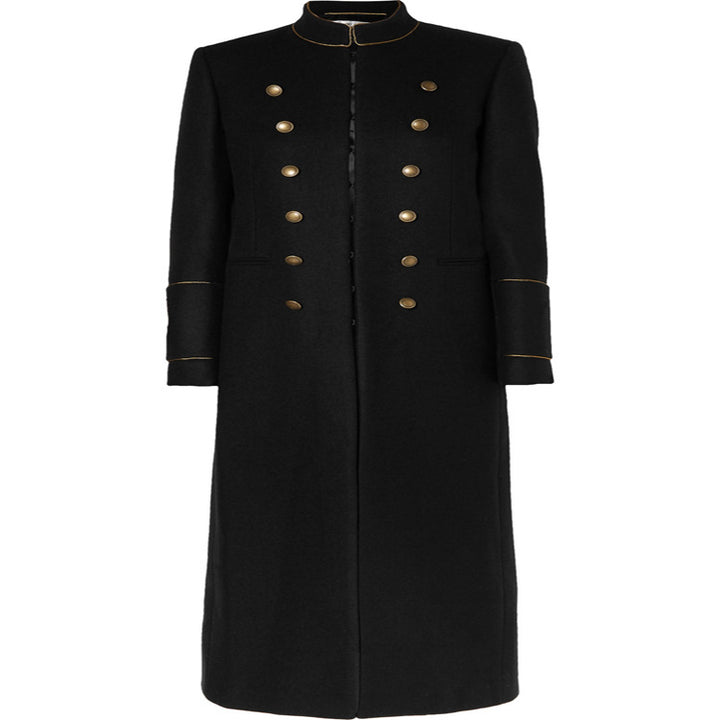 Women’s Longer Military Wool Coat with Gold Decorative Buttons and Stand Collar Mune Fashion