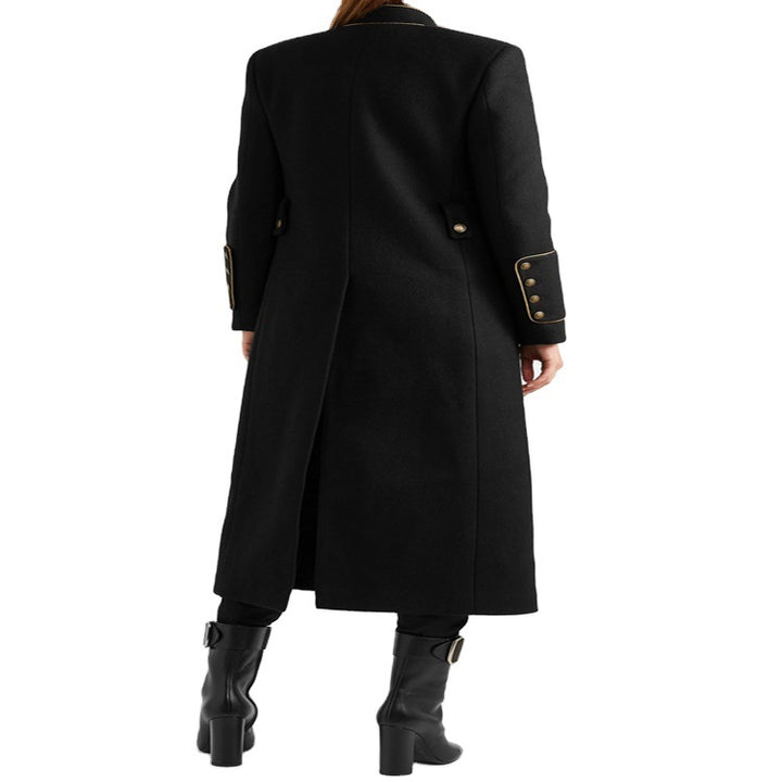 Women’s Longer Military Wool Coat with Gold Decorative Buttons and Stand Collar Mune Fashion