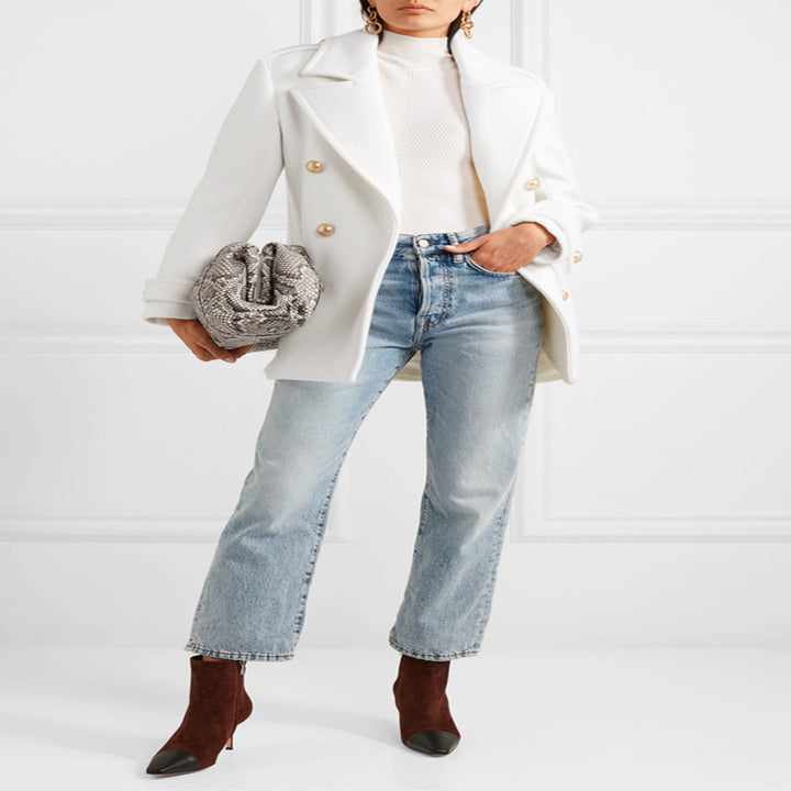 Women's Double-Breasted Short Coat in Marine Tailoring with Gold Decorative Buttons Mune Fashion