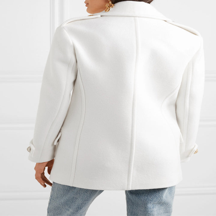 Women's Double-Breasted Short Coat in Marine Tailoring with Gold Decorative Buttons Mune Fashion