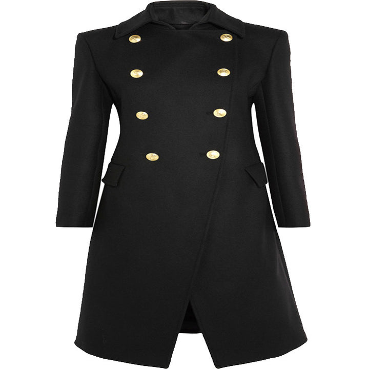 Women Asymmetrical Midi-Length Wool Blend Coat with Double-Breasted Button Placket and Golden Decorative Buttons Mune Fashion