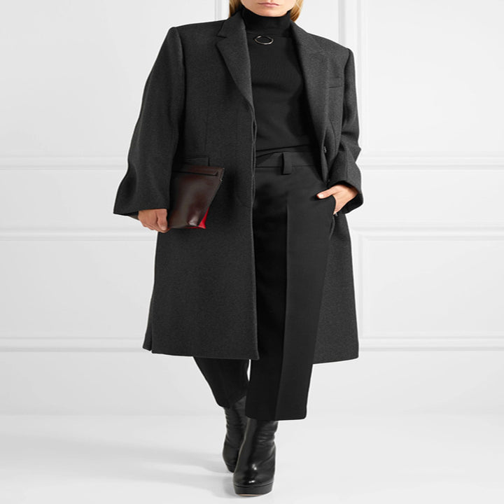 Women's Oversize Single-Breasted Maxi-Length Wool Blend Long Coat with Relaxed Shoulders and Flap Pockets Mune Fashion