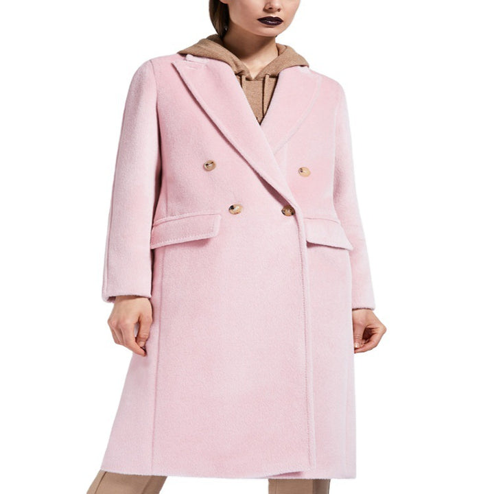Women's Mid-Length Teddy-Wool Blend Coat with Double Breasted, Patch Pockets and Soft Falling Lapel Mune Fashion