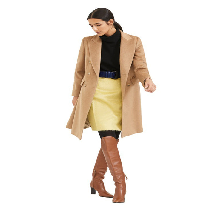 Women Mid-length Tailored Wool Blend Coat with Slim Shoulder Line and Flap Pockets Mune Fashion