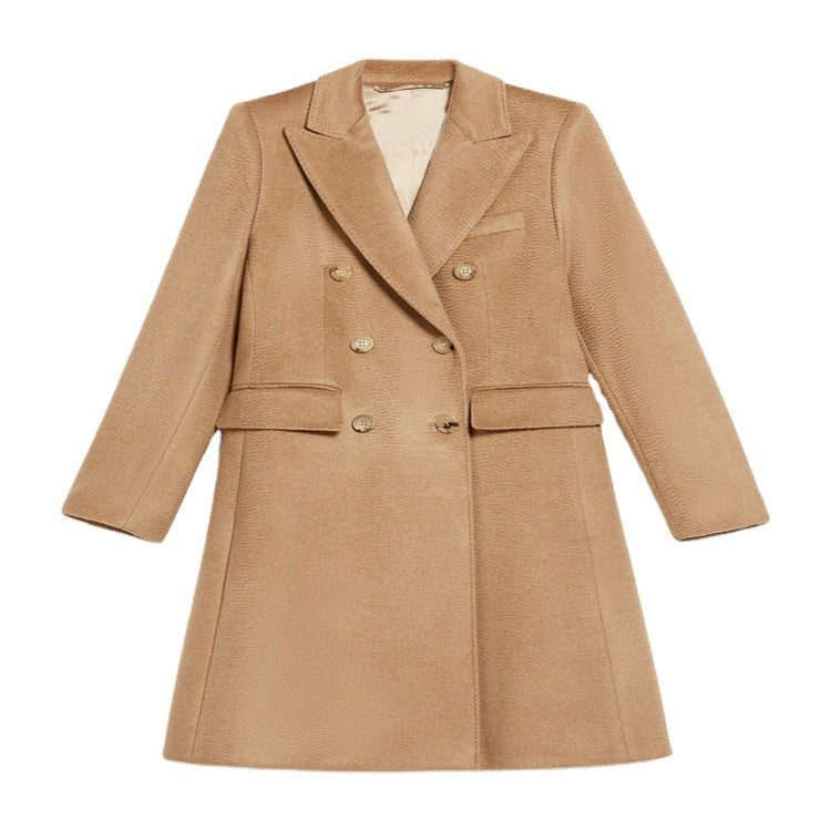 Women Mid-length Tailored Wool Blend Coat with Slim Shoulder Line and Flap Pockets Mune Fashion