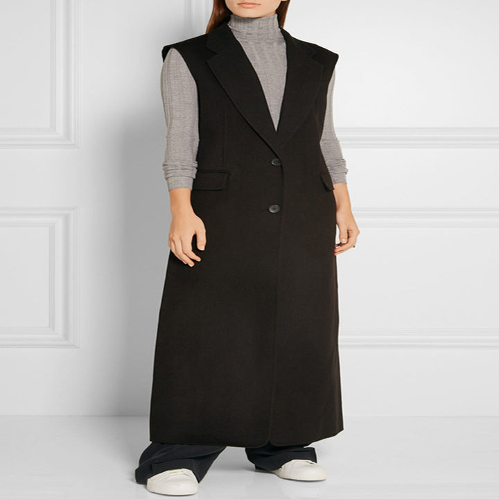 Women's Maxi-Length Sleeveless Tailoring Vest in Wool Blend with Flap Pockets Mune Fashion
