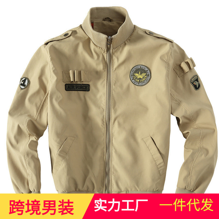 Men's Military-Inspired Bomber Jacket with Patches, Stand Collar & Zipper Mune Fashion