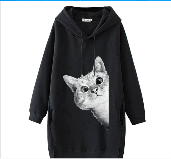 Women's Oversize Hooded Dress with Large Cat Design and Side Pockets Mune Fashion