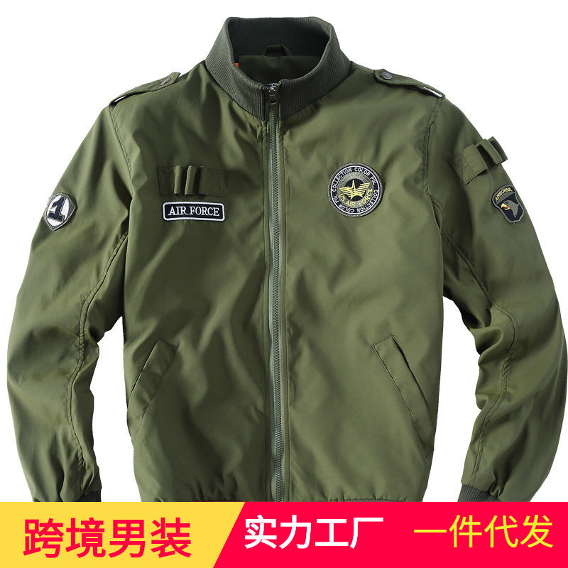 Men's Military-Inspired Bomber Jacket with Patches, Stand Collar & Zipper Mune Fashion