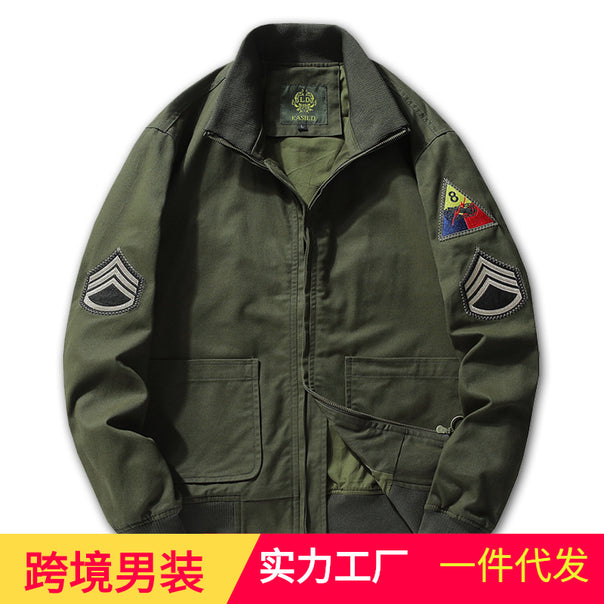 Men's military-inspired field bomber jacket with patches, ribbed cuffs & two-way zipper Mune Fashion