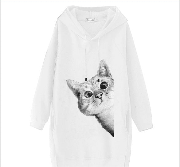 Women's Oversize Hooded Dress with Large Cat Design and Side Pockets Mune Fashion
