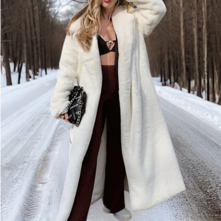 Mune | Women's White Teddy Long Coat with Lapel Collar Cozy Winter Coat