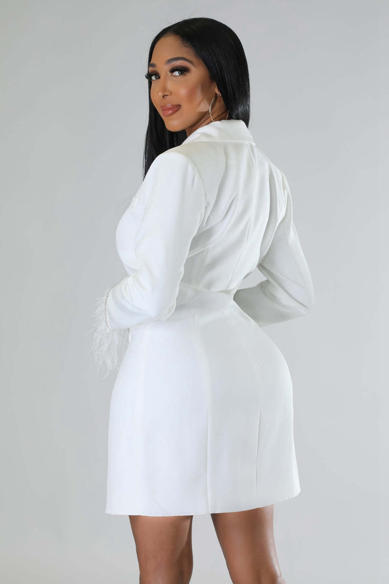 Mune | White Blazer Dress with Feathered Sleeves