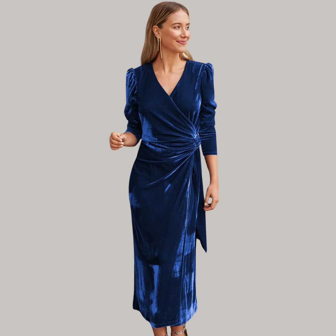 Mune | Long Midi Dress Wrap-Type of Velours with Puff Sleeves