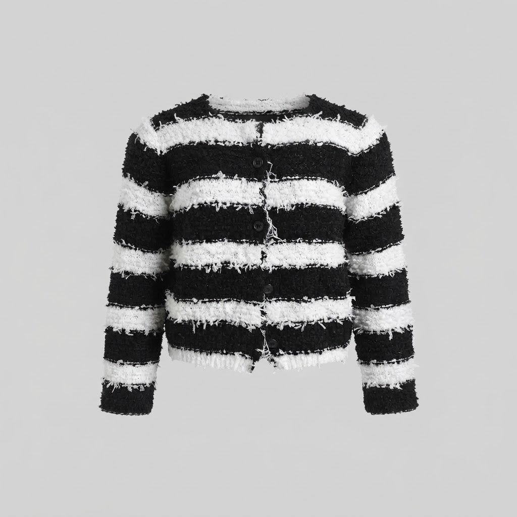 Ladies short-cut fluffy knit cardigan with fringe stripes and button placket Mune Fashion