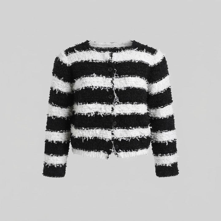 Ladies short-cut fluffy knit cardigan with fringe stripes and button placket Mune Fashion