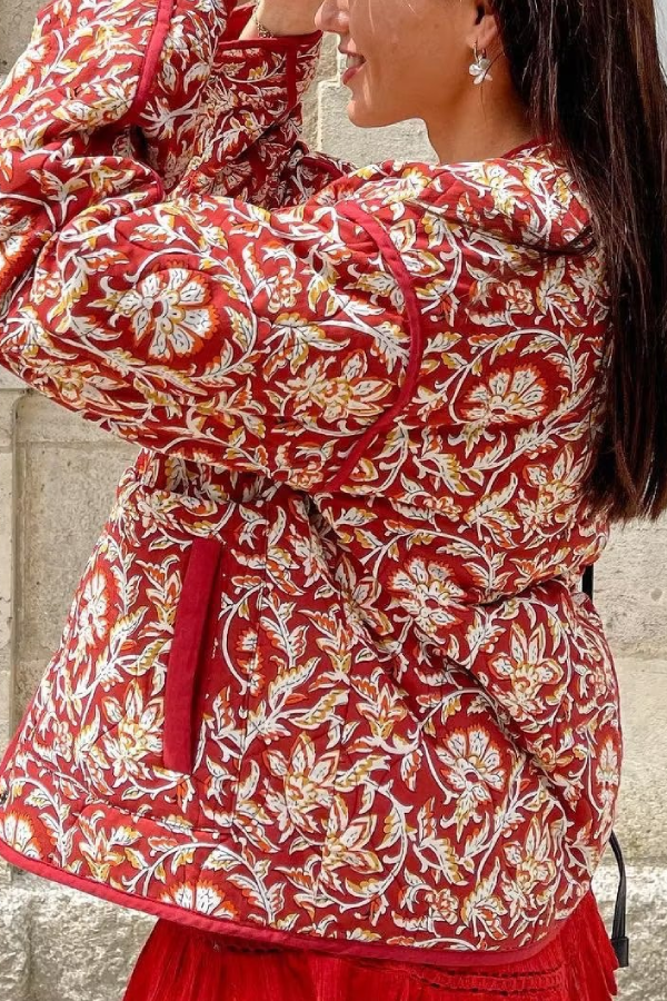 Mune | Neck Floral Print Loose Quilted Cotton Jacket