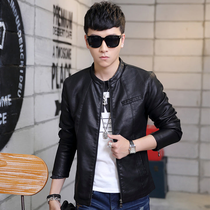 Men's Slim-Fit Faux Leather Biker Jacket with Stand Collar and Zipper Mune Fashion