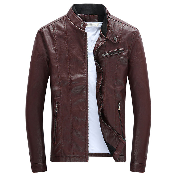 Men's Modern Slim-Fit Leather Look Blouson with Stand-Up Collar and Chest Zip Pocket Mune Fashion